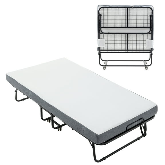 Folding Bed with Mattress, SPortable Foldable Bed with Storage Cover, SRollaway Bed for Adults with Memory Foam Mattress and Metal Frame, SCot Size Guest Bed on Wheels, 75 x 38