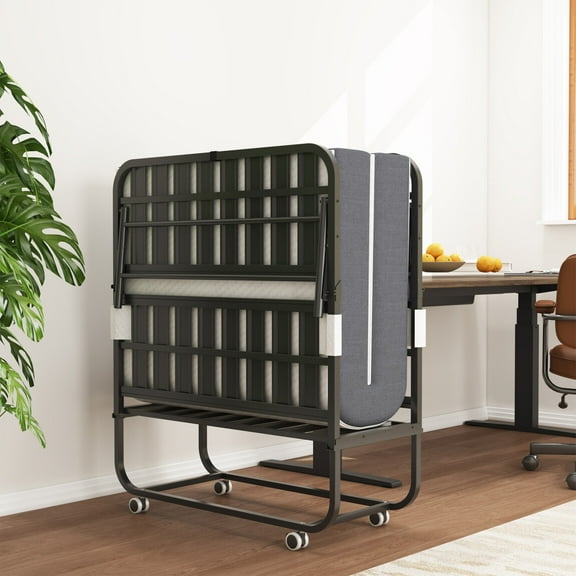 Folding Bed with Memory Foam Mattress, 75" x 38" Twin Size Bed Frame, Portable Foldable Roll Away Adult Bed for Guest, Space-Saving Metal Twin Bed for Easy Storage, Black