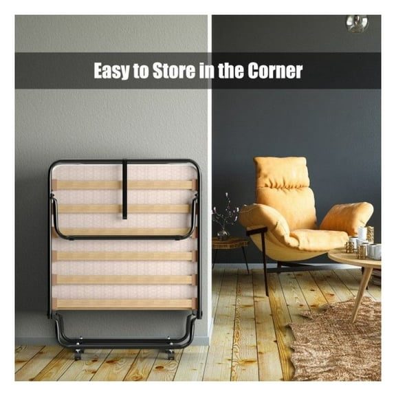 Folding Bed with Memory Foam Mattress, Steel Frame Guest Rollaway Bed with Wheels, Compact Storage Single Sleeper Cot for Home, Office, Camping - Beige