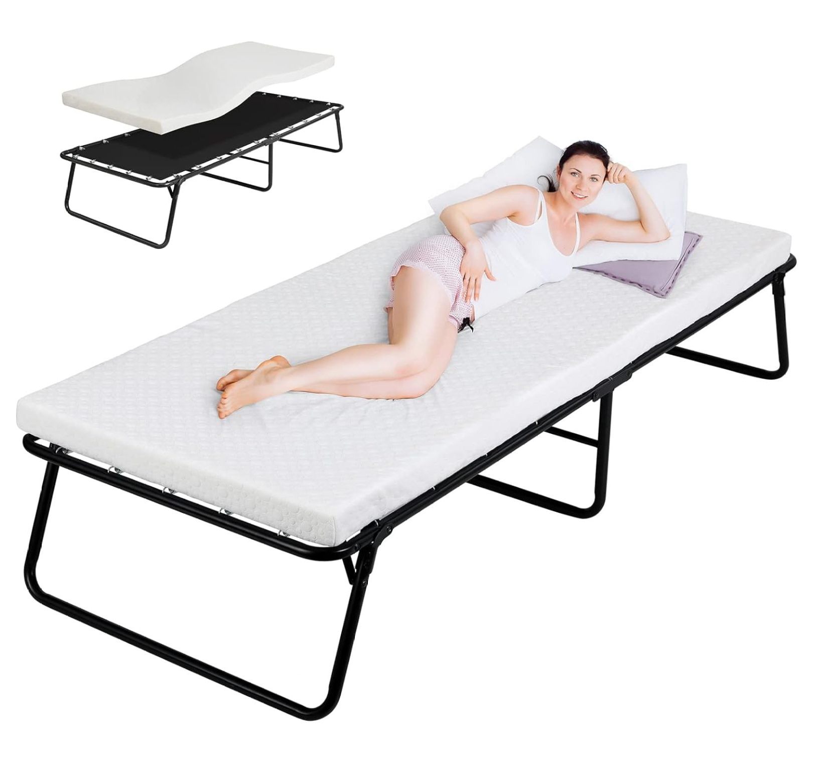 Folding Bed,Rollaway Bed with Mattress for Adults,Foldable Bed,Portable Bed,Metal Bed Frame with