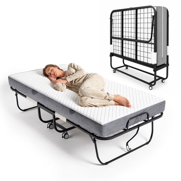 Keelian 75"x38" Rollaway Folding Bed, Portable Fold Up Hideaway Guest Bed with Memory Foam Mattress & Sturdy Metal Frame for Adults, Small Apartment