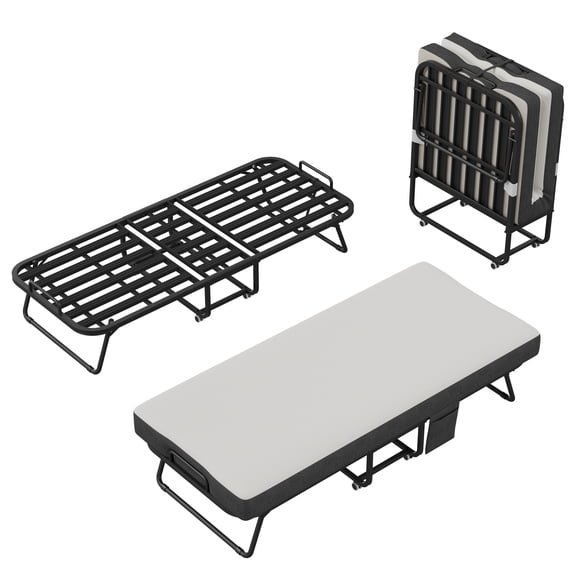 Folding Bed with 5" Memory Foam Mattress, Lockable Wheels & Metal Frame – Portable Rollaway Guest Bed for Home, Guest Room, Space Saving