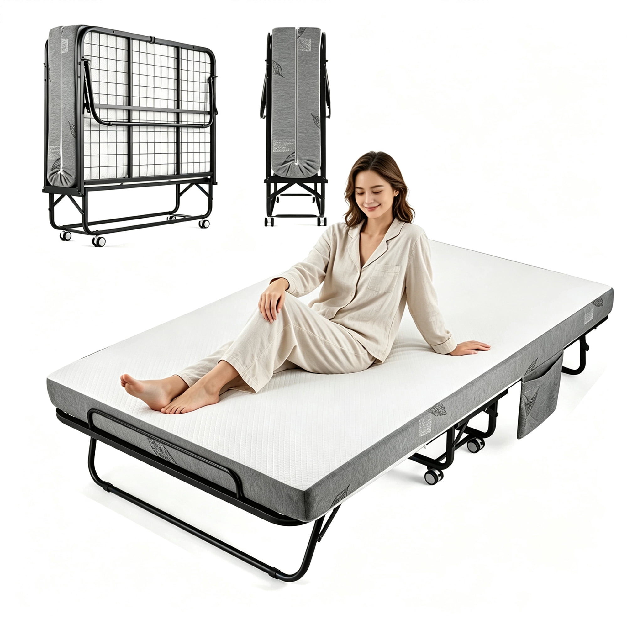 Folding Bed with Mattress for Adults, 75" x 31" Rollaway Guest Bed, Sturdy Metal Frame Twin Bed for Home, School, Hospital Use