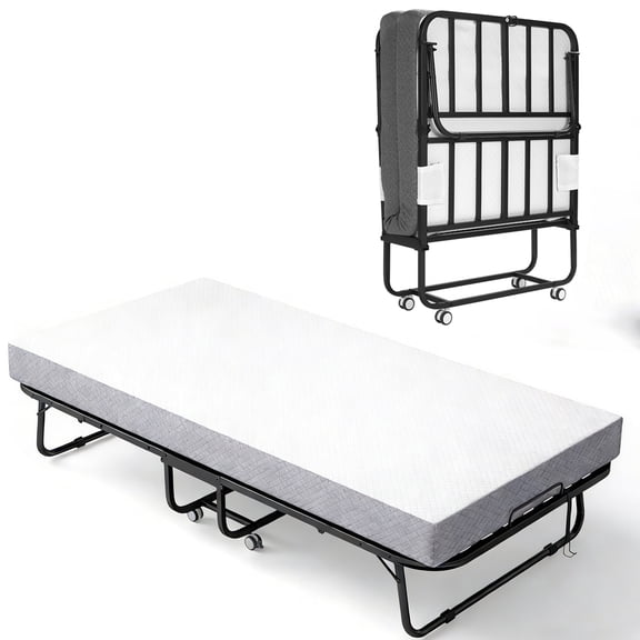 Folding Bed with Mattress for Adults, 75" x 46" Rollaway Guest Bed, Sturdy Metal Frame Twin Bed for Home, School, Hospital Use