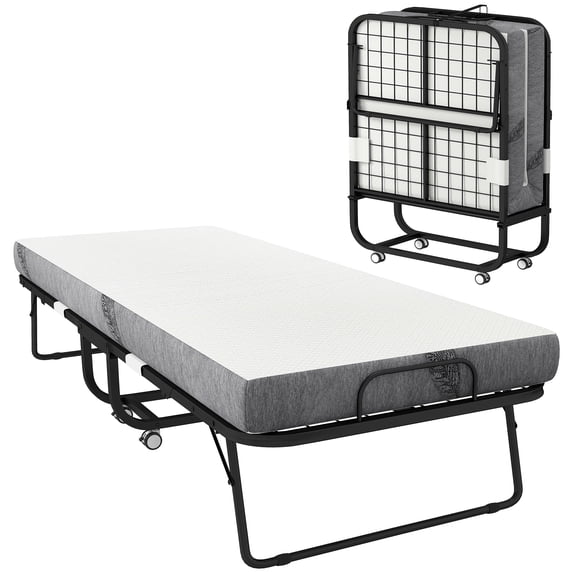 Folding Bed with Mattress for Adults, Single Size, Portable Foldable Bed with Memory Foam Mattress & Steel Frame