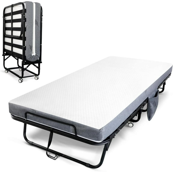 Folding Bed with Mattress for Adults, Twin Size Portable Foldable Bed with Metal & Wood Frame, Rollaway Guest, 75" x 38"
