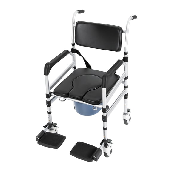 Folding Bedside Commode with Wheels, Height Adjustable Padded Shower Chair with Bucket, Rolling Shower Commode Chairs with Soft Backrest