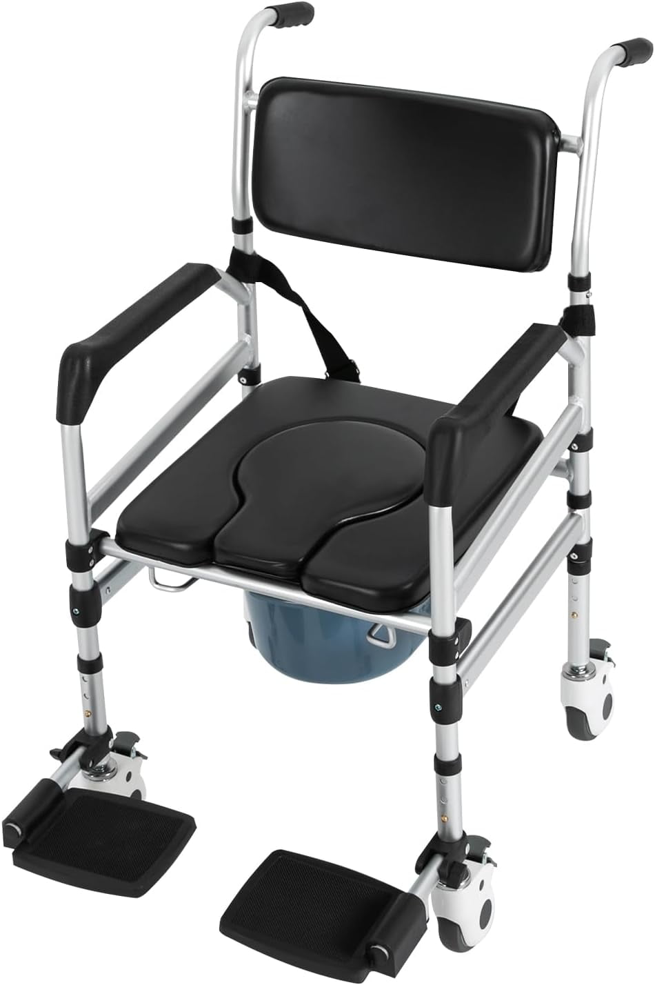 Folding Bedside Commode with Wheels, Padded Shower Chair with Bucket, Rolling Shower Commode Chairs with Soft Backrest, Height Adjustable