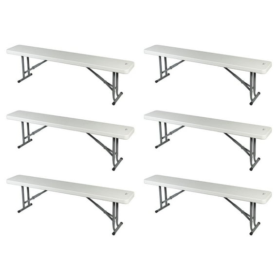 Folding Bench 3 Foot Plastic White Resin Steel Frames Portable Bench by Ontario Furniture, 6 Pack