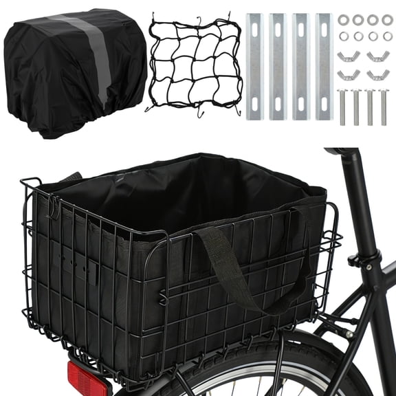 Folding Bicycle Rear Basket, Heavy Duty Metal Bicycle Cargo Carrier with Removable Liner, Waterproof Cover & Cargo Net, Quick Install for Shopping, Outings, Pet Travel, Fits Most Bike & E-Bikes