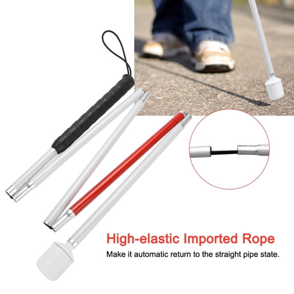 Folding Blind Cane, 135cm Red Reflective Blind Walking Stick With Non Slip Handle And High Elastic Rope, Aluminum Alloy Cane For Vision Impaired And Blind People