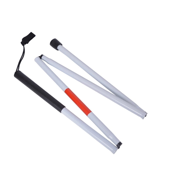Folding Blind Cane, 49.2 Inch White Cane with Reflective Red Section, 4-Section Collapsible Aluminum Mobility Walking Stick with Wrist Strap for Visually Impaired Users