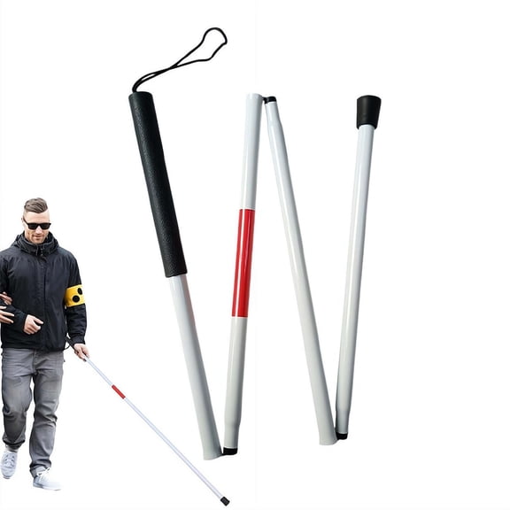 Folding Blind Cane Walking Stick, Red-White Reflective Telescopic Mobility Aid with 4 Height Adjustable Positions for Visually Impaired People, Men & Women, Lightweight Foldable Cane