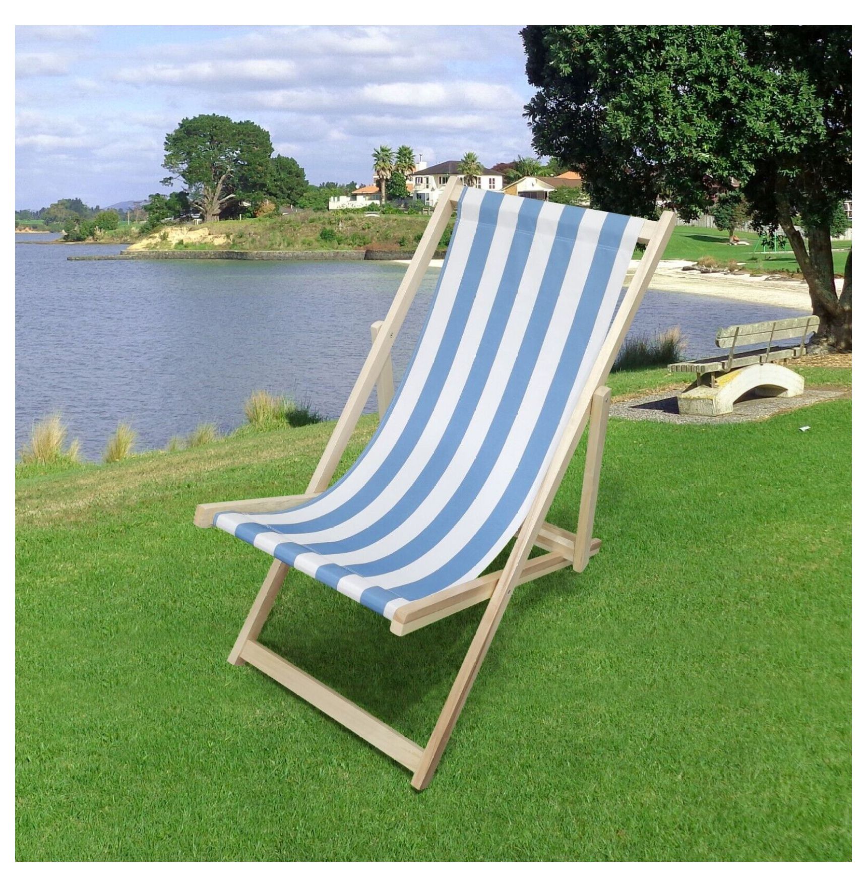 Folding Blue Stripe Chaise Lounge Chair Reclining Lawn Patio Beach ...