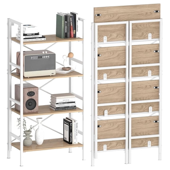 Folding Bookshelf,4 Tier Bookcase Foldable Shelf with X-Bracket Design, Adjustable Feet, Space Saving Storage for Living Room, Office, Light Coffee
