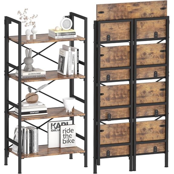 Folding Bookshelf,4 Tier Bookcase Foldable Shelf with X-Bracket Design, Adjustable Feet, Space Saving Storage for Living Room, Office, Rustic Brown