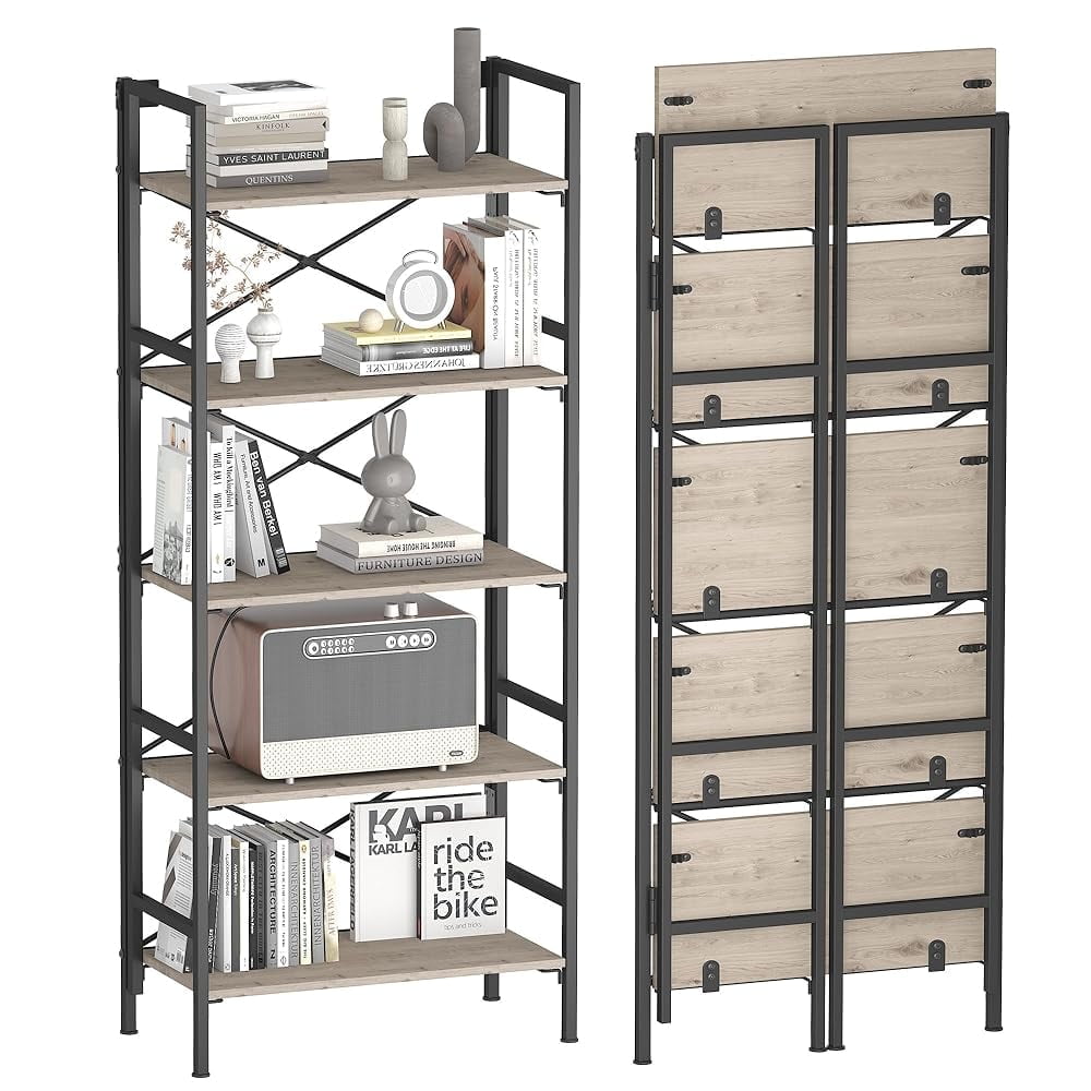 Folding Bookshelf,5 Tier Bookcase Foldable Shelf with X-Bracket Design ...