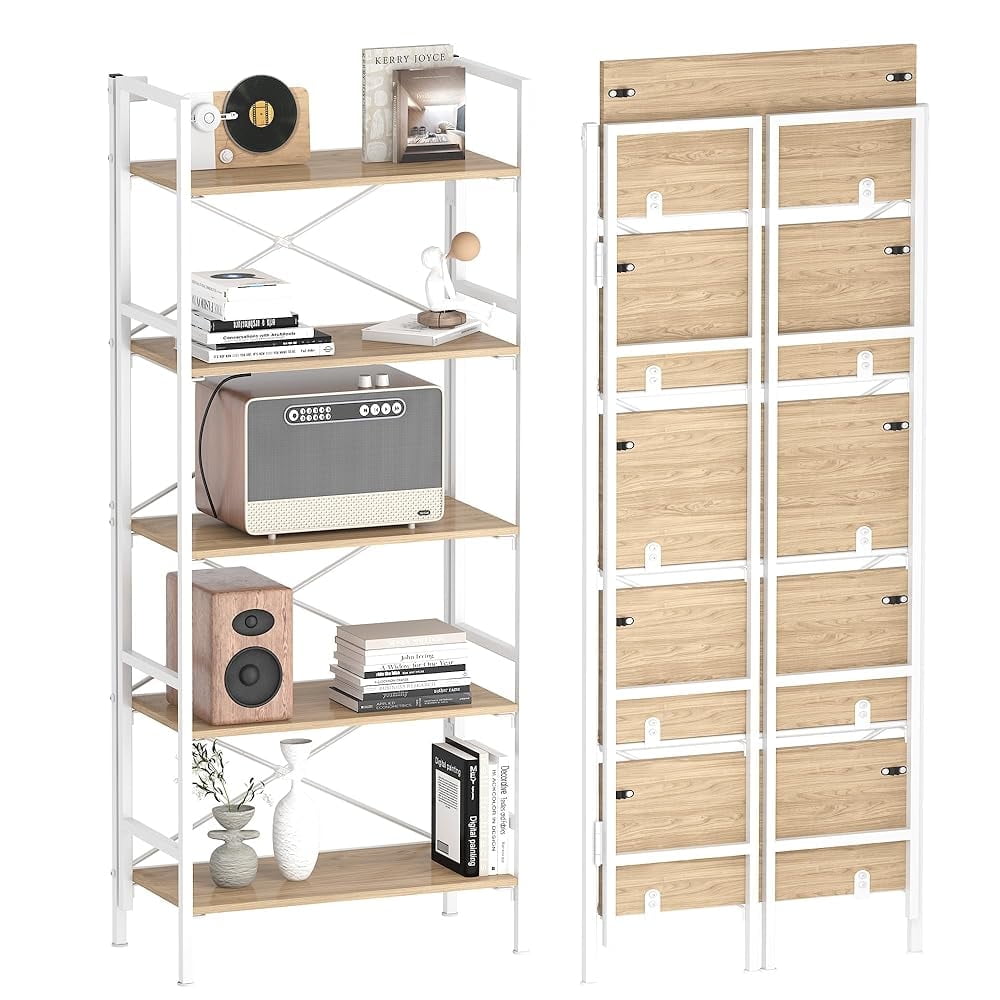 Folding Bookshelf,5 Tier Bookcase Foldable Shelf with X-Bracket Design ...