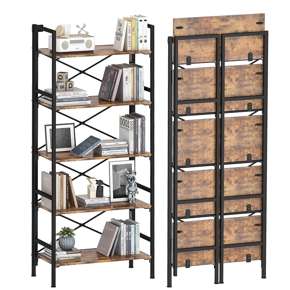 Folding Bookshelf,5 Tier Bookcase Foldable Shelf with X-Bracket Design ...