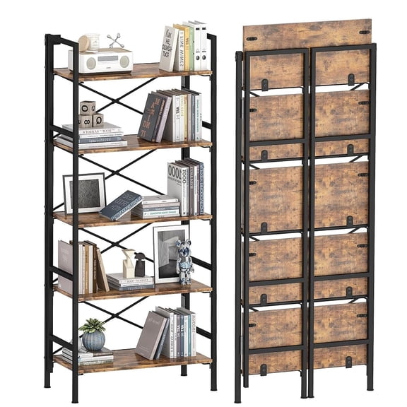 Folding Bookshelf,5 Tier Bookcase Foldable Shelf with X-Bracket Design, Adjustable Feet, Space Saving Storage for Living Room, Office, Rustic Brown