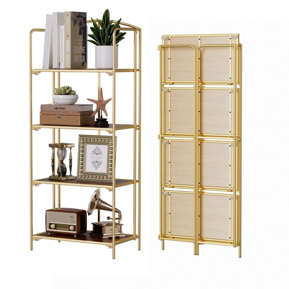 Folding Bookshelf With Gold Frame & Walnut Shelves, 4-Tier Collapsible Storage Organizer For Living Room Office