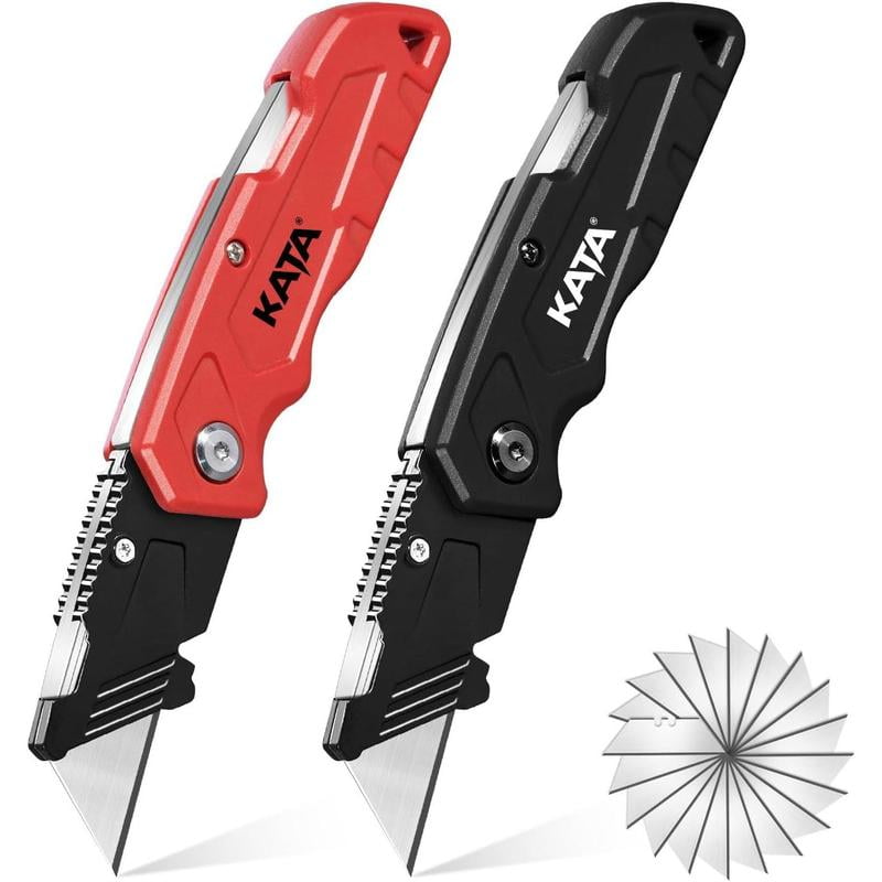 Folding Box Cutter Knives: 4-Pack Heavy Duty Utility Knife Pocket Box Cutter - Extra 20pcs Razor Blades Plastic Cardboard Opener