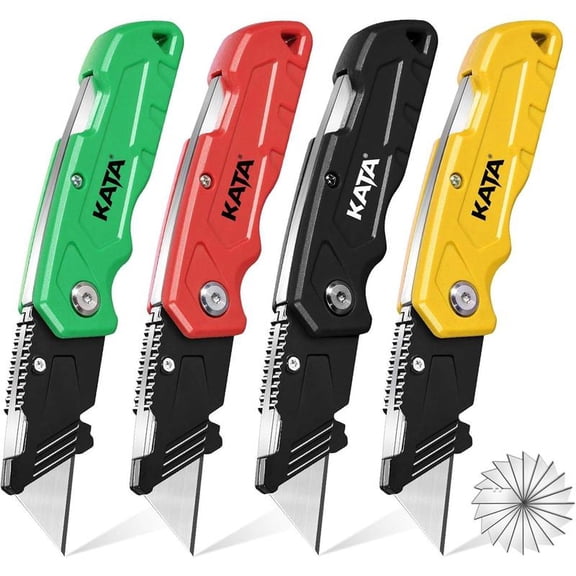 Folding Box Cutter Knives: 4-Pack Heavy Duty Utility Knife Pocket Box Cutter - Extra 20pcs Razor Blades Plastic Cardboard Opener