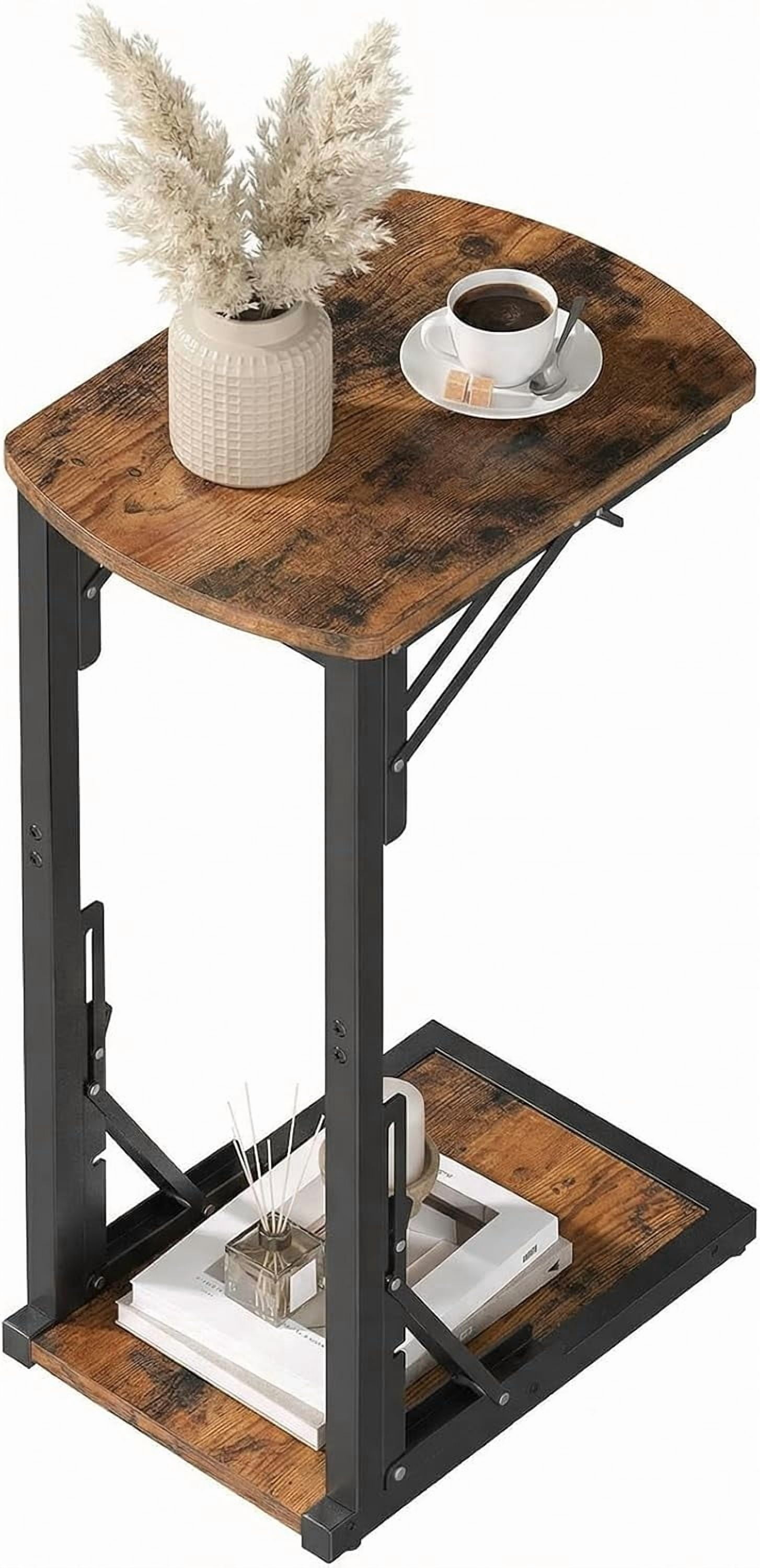 Folding C Shaped End Table, Adjustable Small Sofa Side Laptop Desk, Foldable Couch TV Tray Table for Small Spaces, Living Room, Bedroom, Rustic Brown ETHR4101