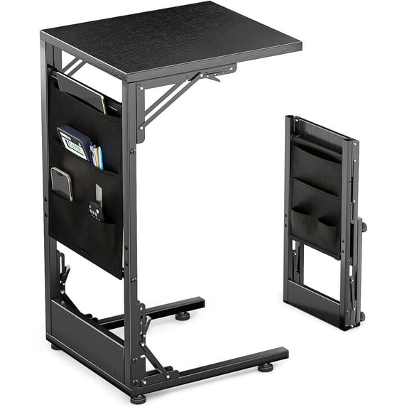 Folding C Shaped End Table, Small Folding Side Table with Storage Bag, Portable TV Tray for Couch, Sofa, Bed, Black