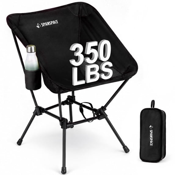 Spanspace Folding Camping Chair, Foldable Outdoor Lawn Chair with Cup Holder and Carry Bag, Heavy Duty 350LBS Capacity, Portable Lightweight Camping Chair for Camping, Backyard, Beach, Black