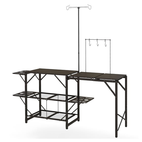 Folding Camp Kitchen Table, Camping Cooking Station with Lamp Stand - Portable Outdoor Table with Shelves & Hooks