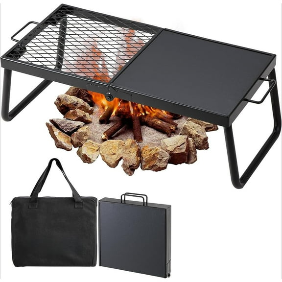 Folding Campfire Grill with Legs , Heavy Duty Steel Mesh Grate, 22.4" Portable Camping Grates Over Fire Pit, Carrying Bag, for Outdoor Open Flame Cooking