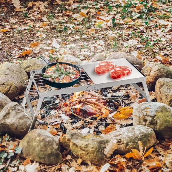 Folding Campfire Grill, Portable Stainless Steel Camping Grill Grate and Camp Grill Griddle with Collapsible Legs for Versatile Outdoor Backpacking BBQ Over Fire Pit Cooking
