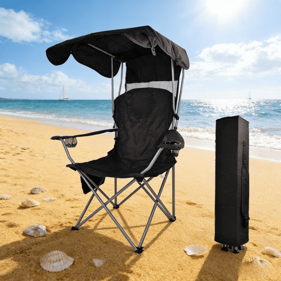 Folding Camping Chair with Adjustable Sun Shade Canopy, Portable Recliner with Carry Bag, 225 lbs Capacity for Beach, Patio, Lawn Concert, Tailgating, Fishing & Backyard, Black