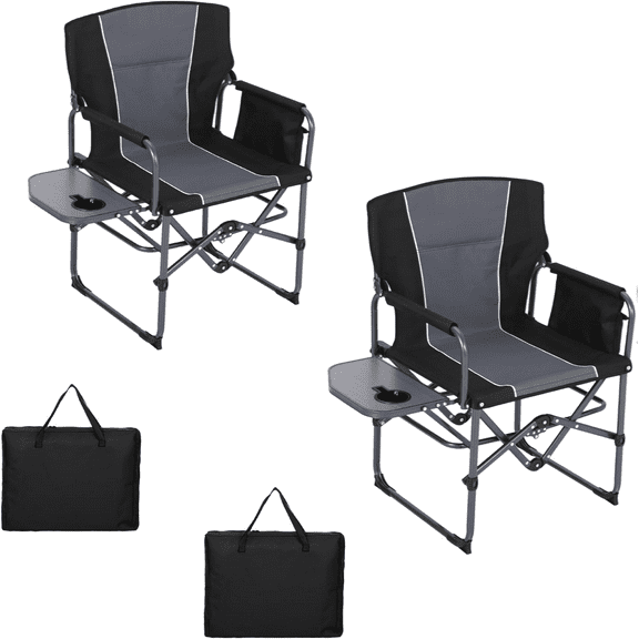 Folding Camping Chair for Adults Portable Director Lawn Chair with Side Table Storage Pocket and Cup Holder Heavy Duty Outdoor Chair for RV Beach Yard Garden Deck, 2PCS