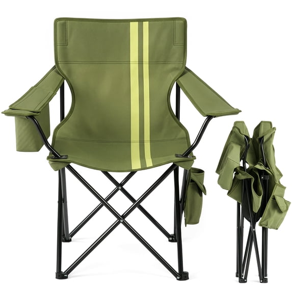 Folding Camping Chair with Built-in Cooler Bag & Cup Holder, 350lbs Capacity Portable Outdoor Camp Chair, Green Padded Folding Chair with Side Pocket for Camping, Beach, Patio, Picnic, Travel