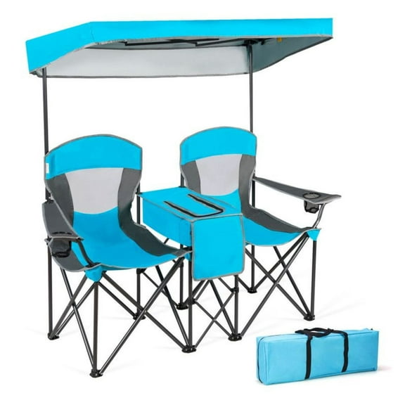 Folding Camping Chair with Canopy & Cooler - Portable Double Sun Shade Chair with Cup Holder - Outdoor Beach Chair for 2 Adults - Red, Turquoise, Blue
