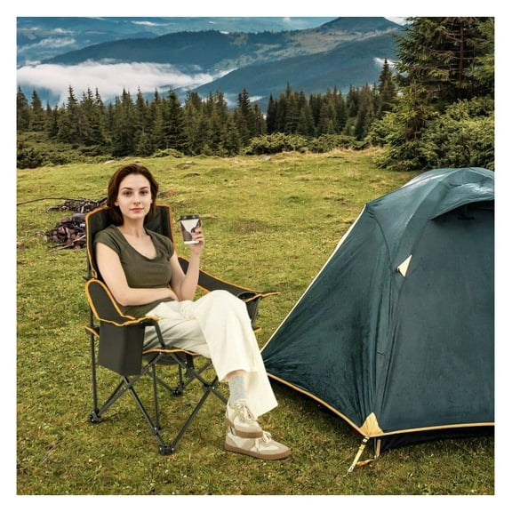 Folding Camping Chair with Footrest, Camping Lounge Chair with Carry Bag, Adjustable Recliner for Outdoor Activities, 330lbs Capacity, Cooler Bag & Cup Holder