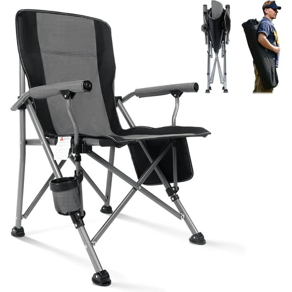 Folding Camping Chair Heavy Duty Portable Outdoor Chairs Supports 330lbs Collapsible Foldable Chair for Outside with Cup Holder&Carry Bag, Folding Lawn Chair for Camp Beach Fishing Sports(Gray)