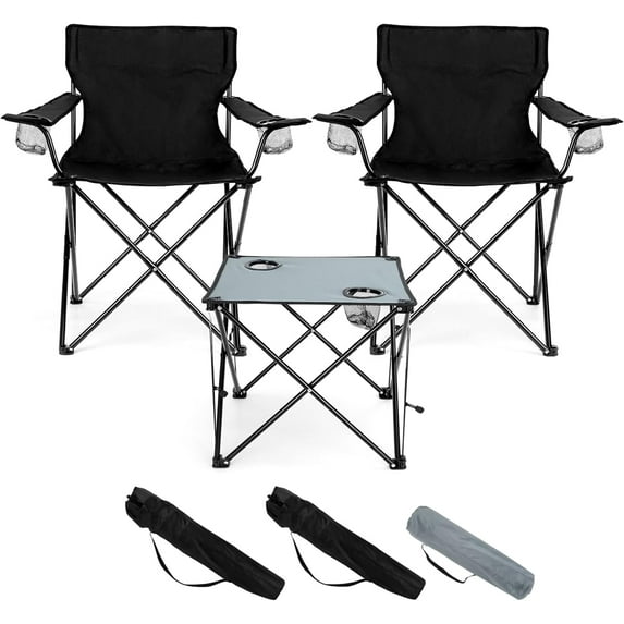 Folding Camping Chair Set of 3, Foldable Black Camp Chairs & Grey Table, Large Lawn Chair Portable for Adults Hiking, Fishing, Picnic, Outdoor BBQ, Travel, Sports, Cup Holders & Storage Bags