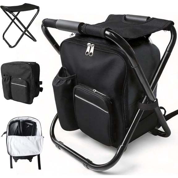 Folding Camping Chair Stool Backpack with Cooler Insulated Picnic Bag, Portable Hunting Fishing Multifunction Chair for Outdoors Hiking Hunting Travel (Black)