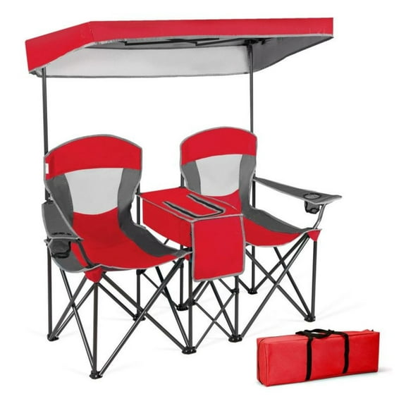 Folding Camping Chair with Canopy & Cooler - Double Sun Shade Beach Chairs with Cup Holder - Portable Outdoor Seating for 2 Adults