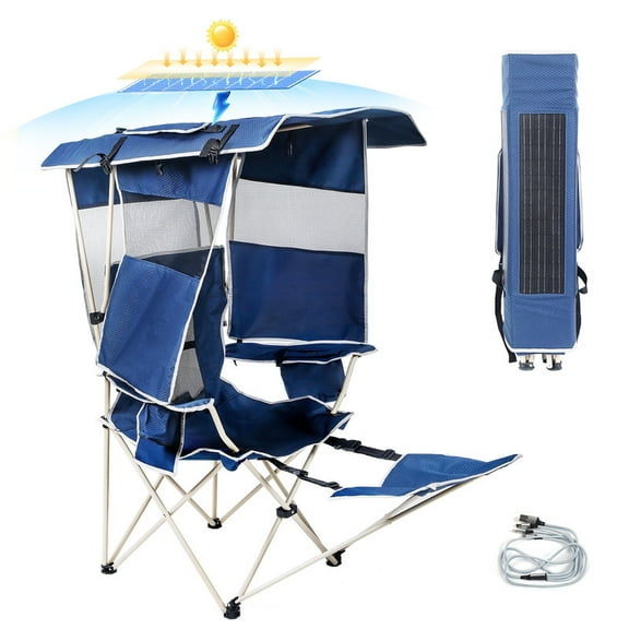 Folding Camping Chair with Canopy Shade, 30W Solar Charging Panel, Footrest, Cup Holder & Cooler Bag for Camping, BBQ & Picnic (1 Pack)