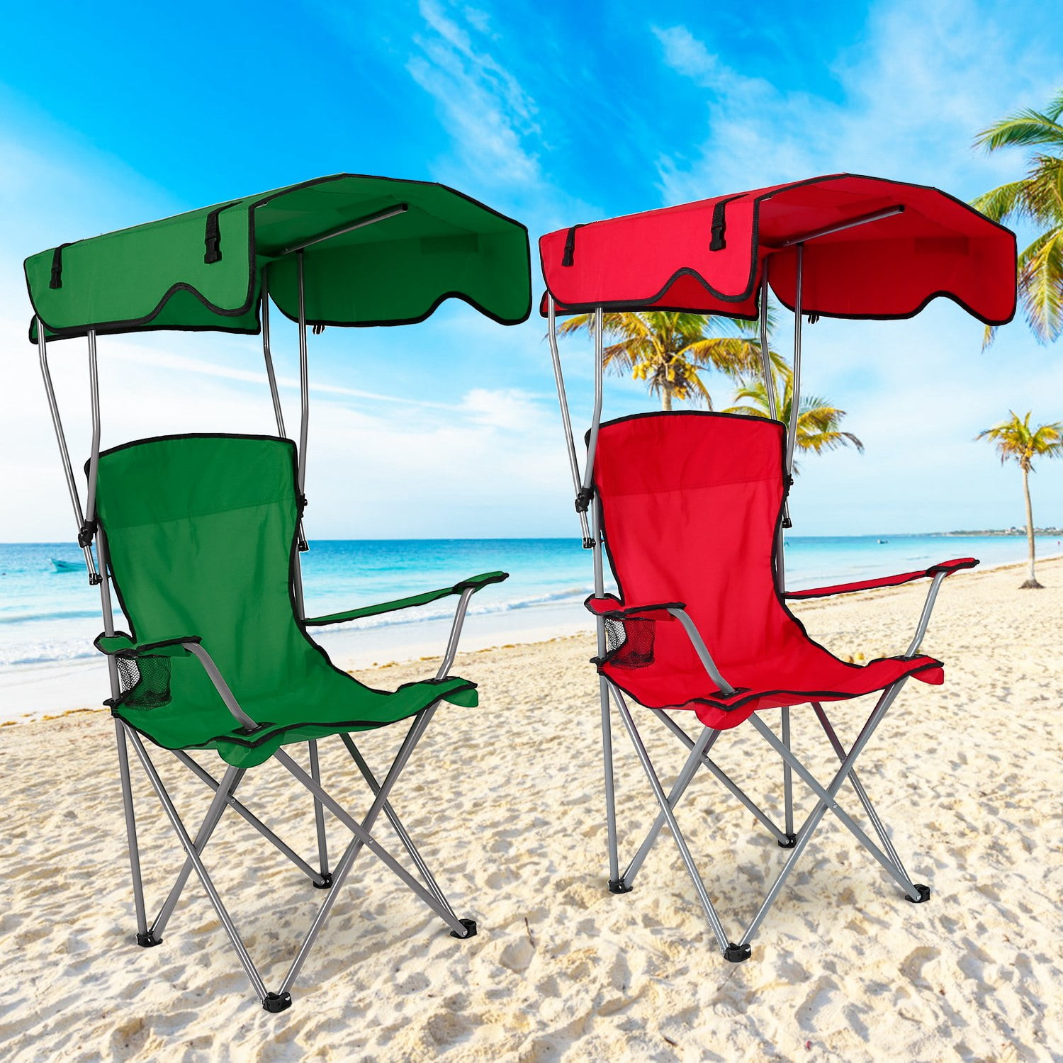 Folding Camping Chair with Shade Canopy Beach Chair with Cup Holder 600D  Oxford Portable Lawn Chair Support 330lbs for Outdoor Green+Blue -  Walmart.com, image size:1500x1500