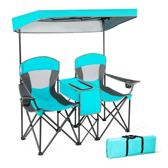 Folding Camping Chairs with Canopy, Double Sunshade Chair with Cooler & Cup Holder - Red, Turquoise, Blue