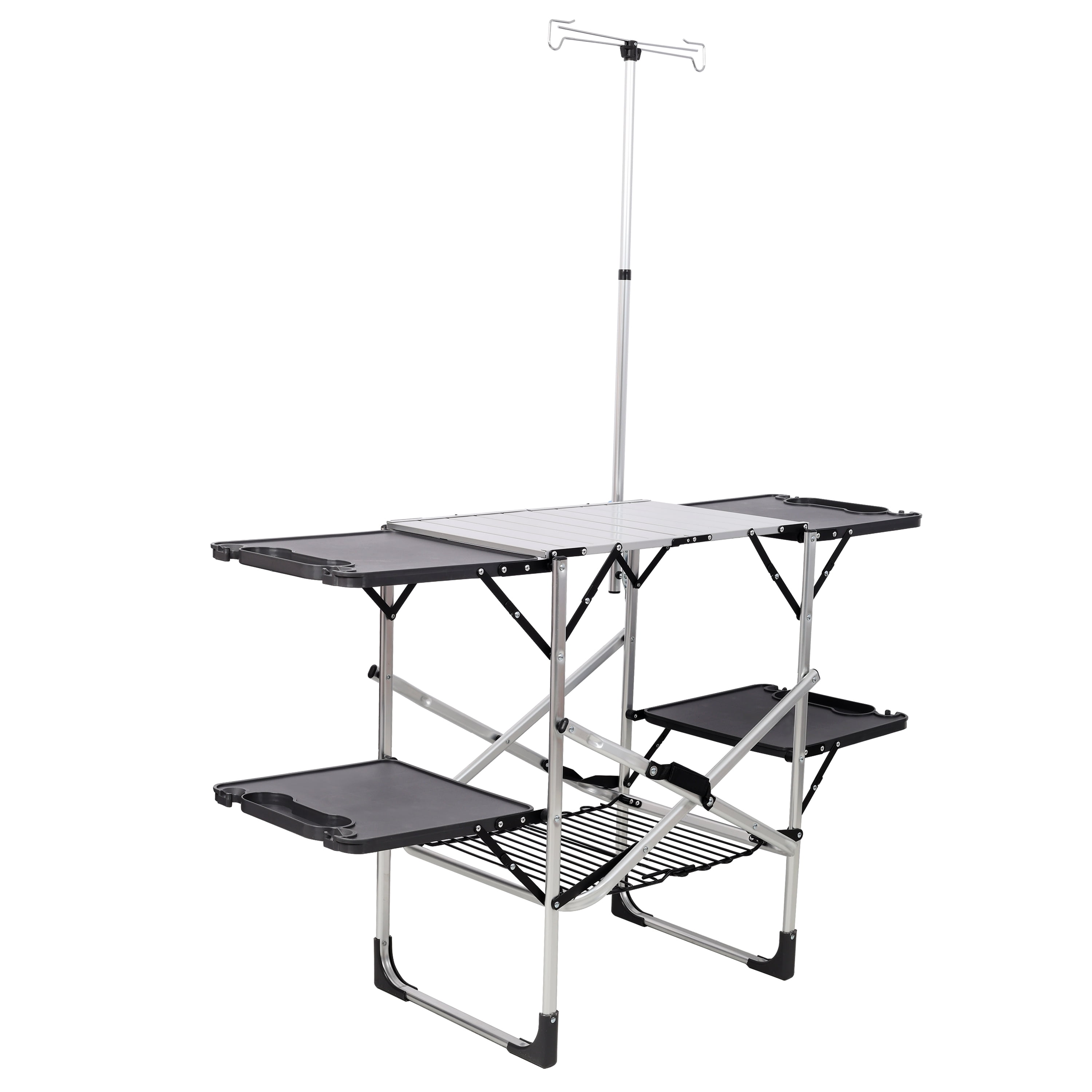 Folding Camping Cooking Station with Heat Resistant Top, 4 Side Tables, Storage Rack & Lamp Post, Portable Outdoor Kitchen Prep Table for Picnic Tailgating Camping