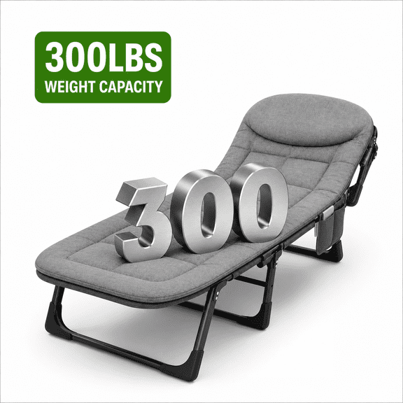 Folding Camping Cot with Adjustable Backrest, Portable Padded Sleeping Cot, 300 lbs Weight Capacity, Foldable Lounge Chair for Camping, Office, Guest Room, Patio and Outdoor Travel