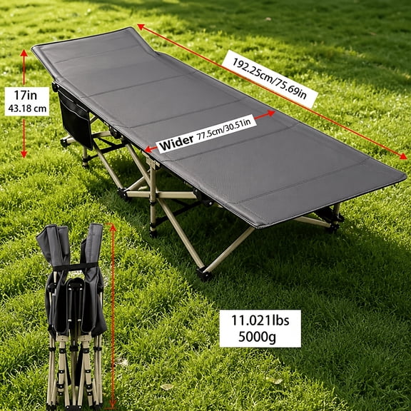 Folding Camping Cot for Adults, 77.5cm Extra Wide Portable Sleeping Cot, HeavyDuty Collapsible Bed with Side Storage Pocket for Outdoor Camping Office Home Guest Use