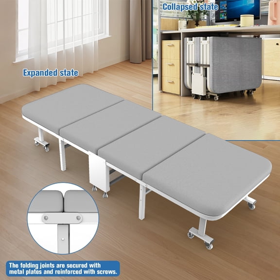 Folding Camping Cot for Adults with Wheels, Portable Rollaway Guest Bed with Sturdy Steel Frame, Foldable Office Nap Bed for Living Room, Travel & Outdoor Use