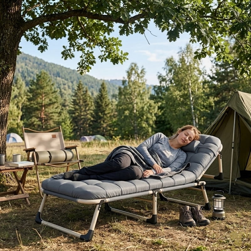 Folding Camping Cot with Mattress, Adjustable Portable Guest Bed & Reclining Lounge, Portable Patio Chaise Lounge Chair Recliner for Indoor Outdoor Use